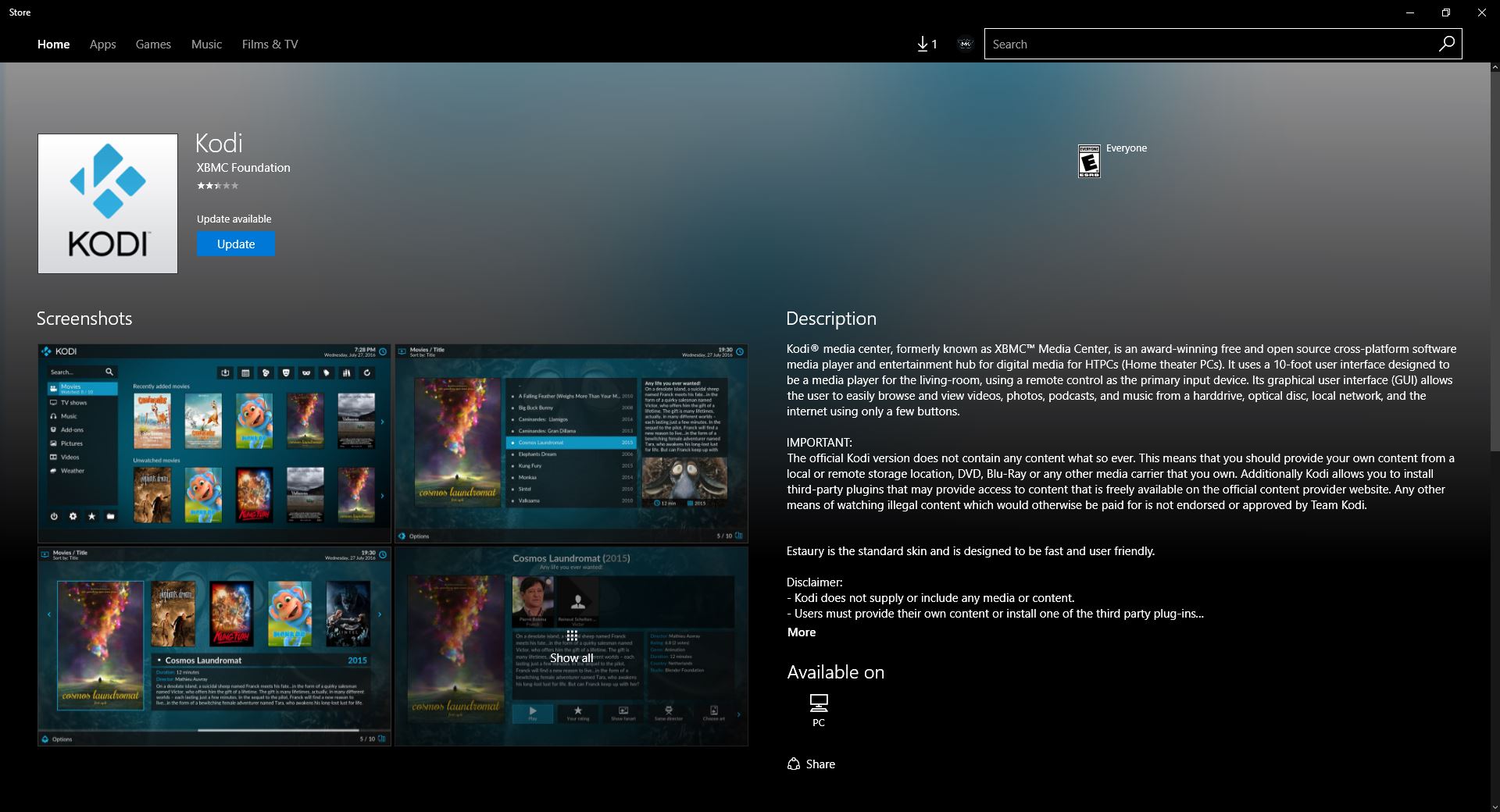 Kodi 17 Krypton Windows Store