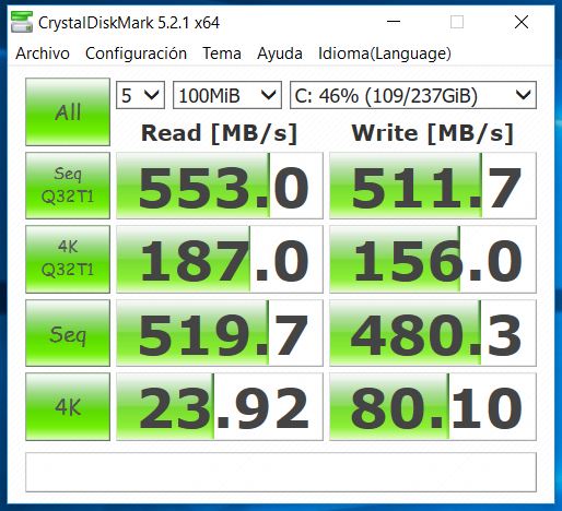 MSI GE62 7RE Apache Pro Análisis CrystalDiskMark SSD