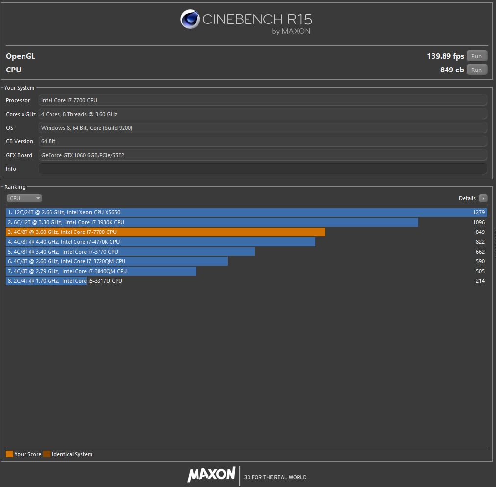 MSI Trident 3 Análisis Cinebench R15 CPU