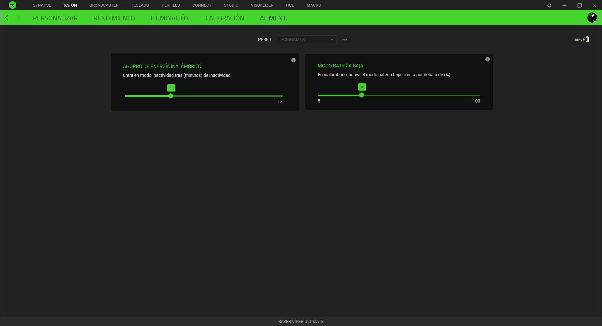 Razer Viper Ultimate Análisis Razer Synapse 5